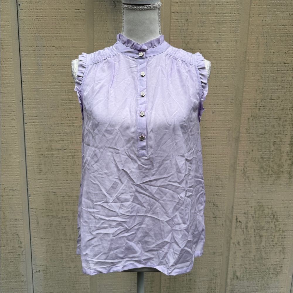 Chic Lilac Cotton Silk Sleeveless Blouse with Ruffles